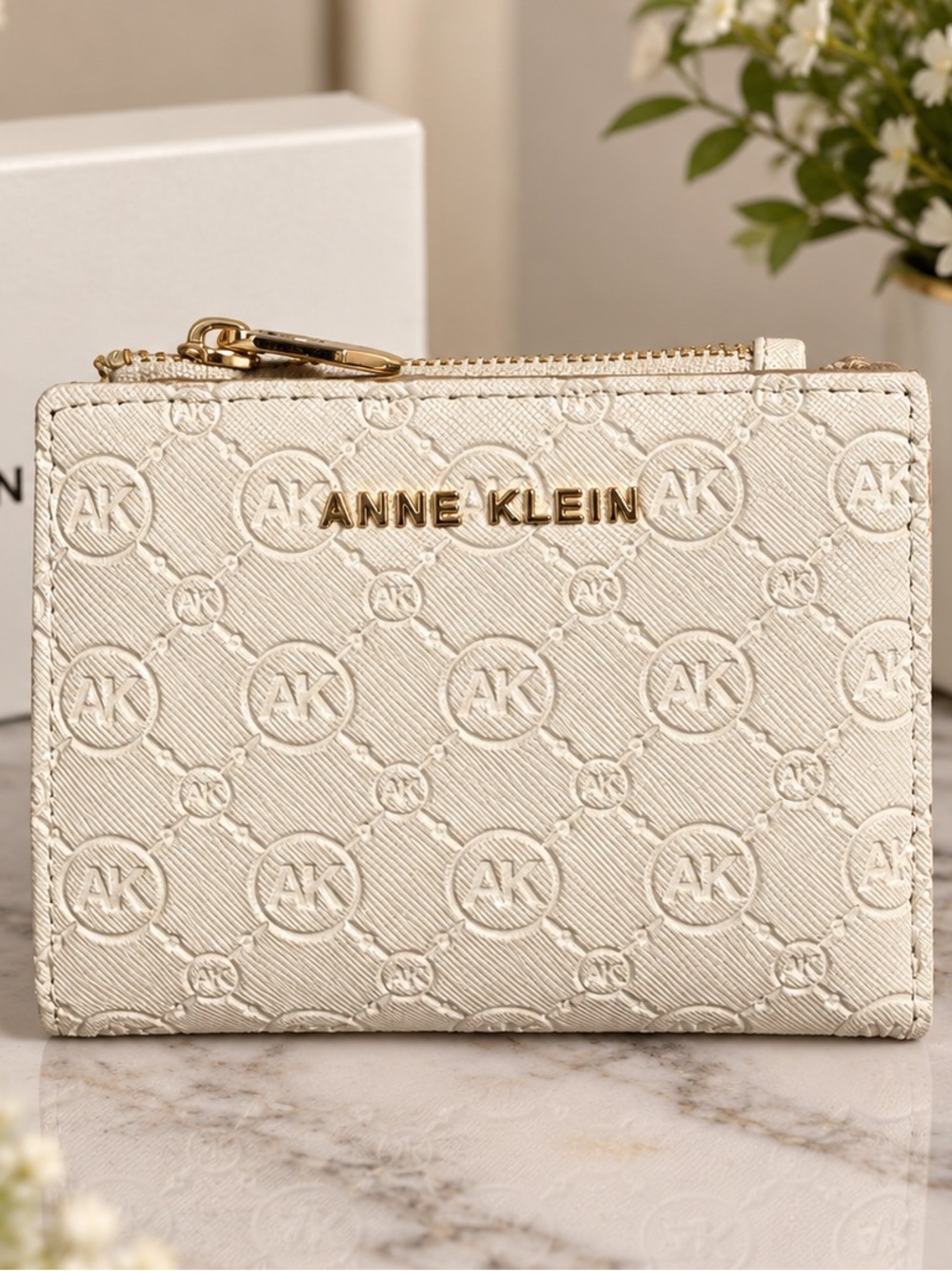 Anne Klein Cream Embossed AK Zip Card Case Wallet with Gold Hardware